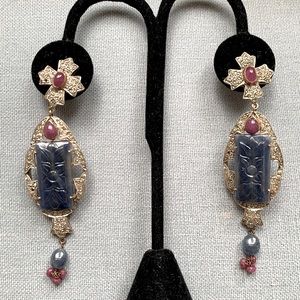 925 Silver Carved Sapphire Ruby rose cut diamonds earrings